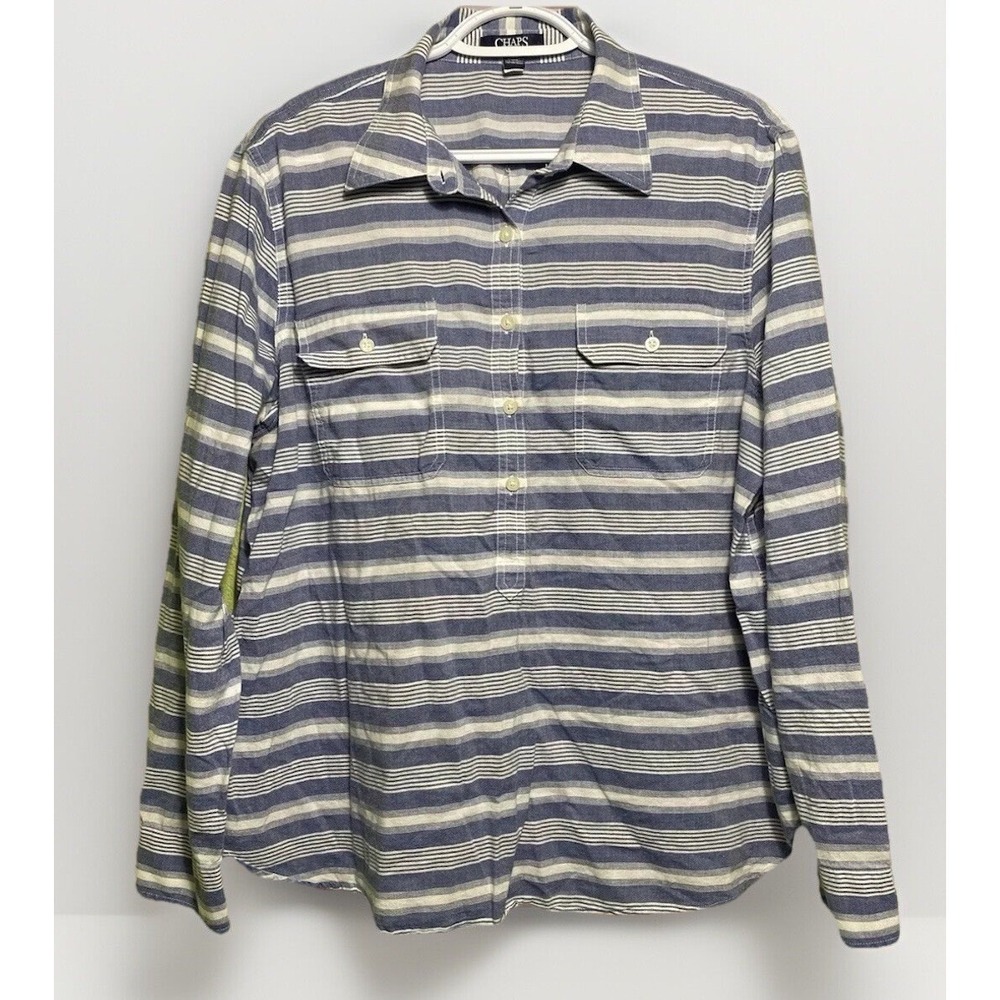 Chaps Coastal Blue White Striped Cotton Roll Sleeve Button‎ Down Shirt Women XL